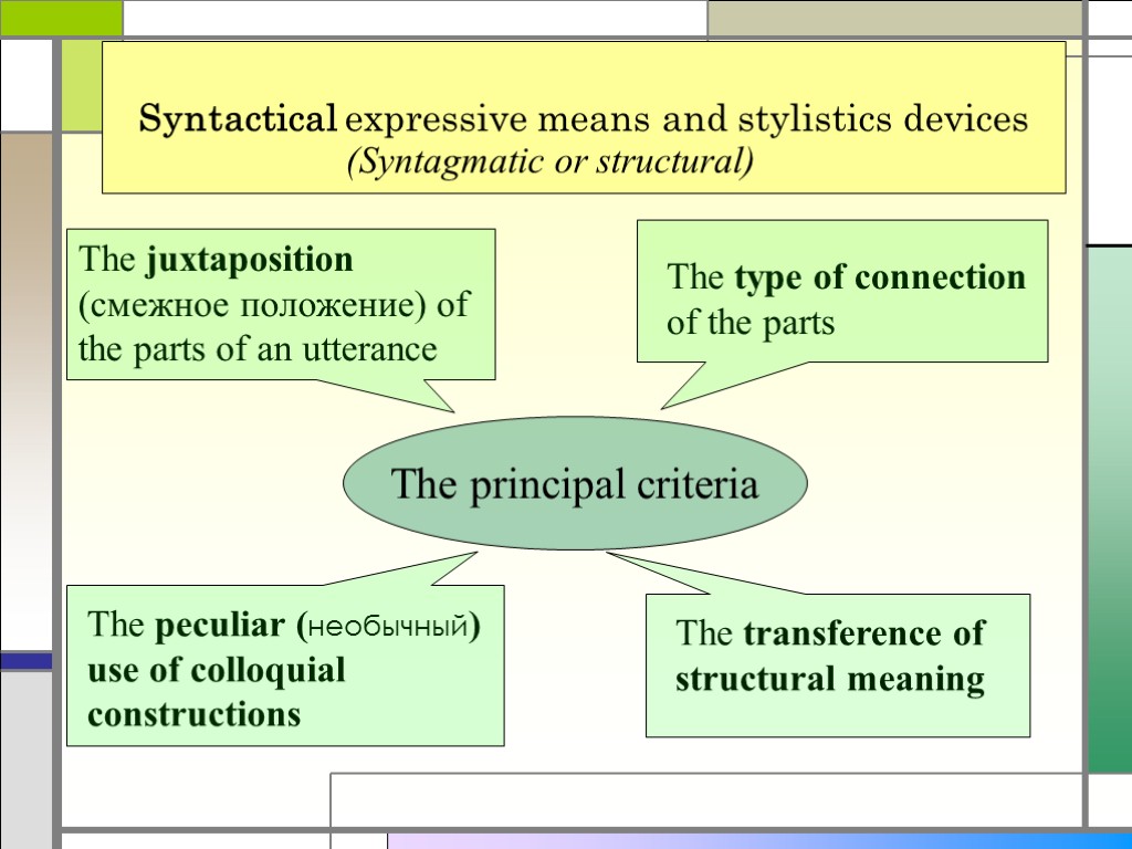 Syntactical expressive means and stylistics devices (Syntagmatic or structural) The principal criteria The juxtaposition